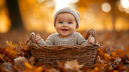 Cute little baby girl sitting in basket in autumn park and smilingの写真素材