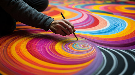 Artist painting a rainbow on a colorful background. Close-up.の写真素材
