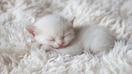 Cute little kitten sleeping on white fur, close-up.の写真素材