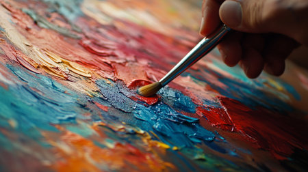 Close-up of artist's hand painting picture on palette with oil paintsの写真素材