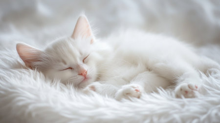 Cute white cat sleeping on white fur, soft focus background.の写真素材