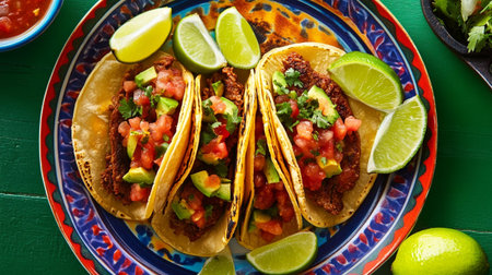 Mexican tacos with beef, avocado and salsa on green wooden table