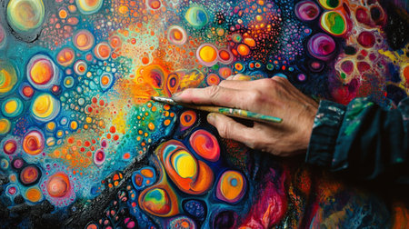 Close up of artist's hand with paintbrush on abstract colorful backgroundの写真素材