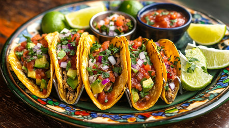 Mexican tacos with guacamole, avocado and tomato salsa