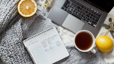 Cup of tea, notebook, lemon and knitted plaidの写真素材