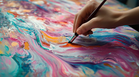 Close-up of female hand painting with brush on abstract colorful background