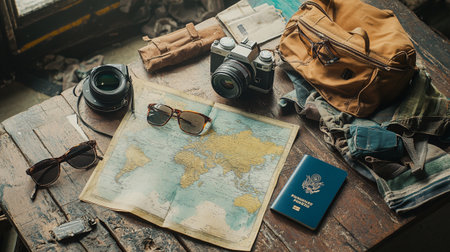 Traveler essentials such as map, camera, backpack, compass, passport, glasses on wooden table.