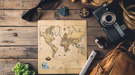Travel accessories and map on wooden background. Top view with copy space