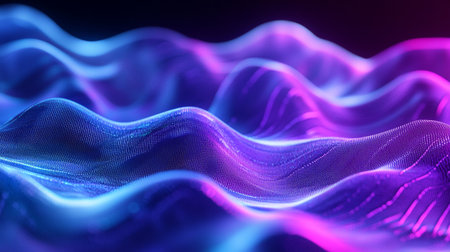 3d rendering of abstract wave particles in blue and purple colors with depth of fieldの写真素材
