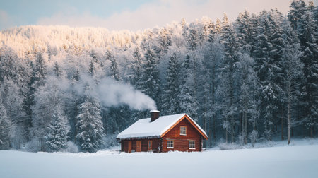 Beautiful winter landscape with a wooden house in the Carpathians