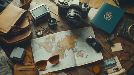 Overhead view of travel items on wooden table. Travel concept.の写真素材