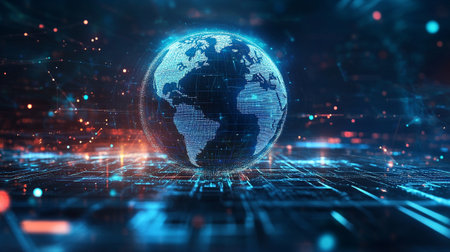 3D rendering of a digital globe with binary code on the background