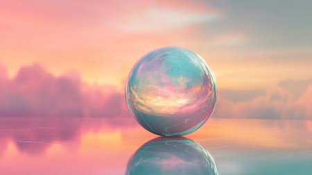 3d render of a globe on the water surface with sunset background