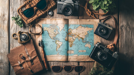 Travel accessories and map on wooden background. Top view with copy space.の写真素材