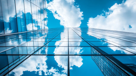Bottom view of modern skyscrapers in business district against blue sky