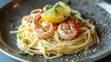 Spaghetti with shrimps and parmesan on a plateの写真素材
