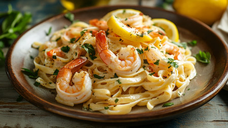 Delicious pasta with shrimps and lemon on plate, closeupの写真素材