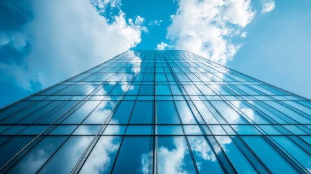 Blue sky and white clouds reflected in glass surface of modern office building