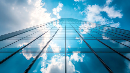 Bottom view of modern skyscraper and blue sky with clouds reflected in glass surfaceの写真素材