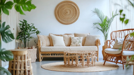 interior of modern living room with sofa, rattan armchair and plantsの写真素材