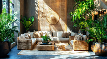 Interior of modern living room with rattan furniture and green plantsの写真素材