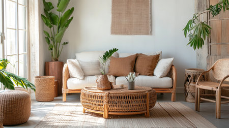 Interior of modern living room with rattan furniture and tropical plants