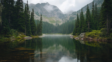 Mountain lake with clear water and green forest in the background.
