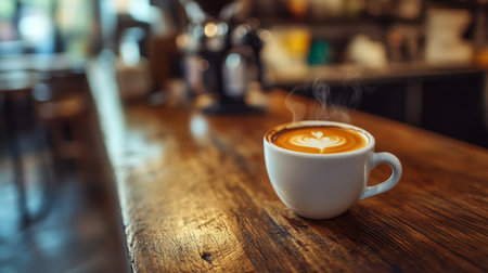Coffee cup with latte art on wooden table in coffee shop