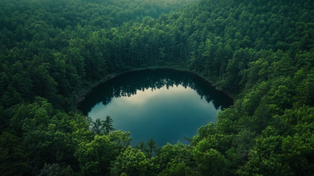Mountain lake in the middle of the forest. View from above.の写真素材