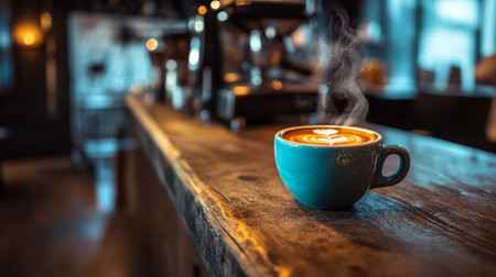 Coffee cup with latte art on wooden table in cafeの写真素材