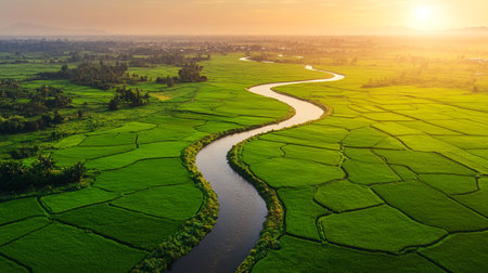 Aerial view of green rice field and river at sunset in countryside of Thailandの写真素材