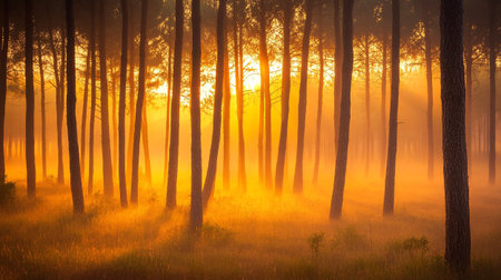Morning fog in the pine forest. Sunrise in the autumn forest.