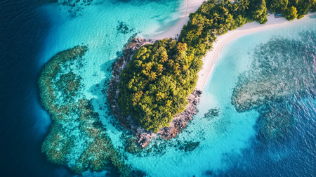 Aerial view of beautiful tropical island with white sand beach and turquoise sea