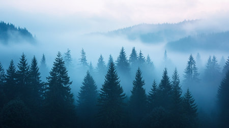Foggy morning in the Carpathian mountains, Ukraine.の写真素材