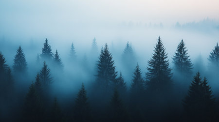 Foggy morning in the coniferous forest, Ukraine.の写真素材