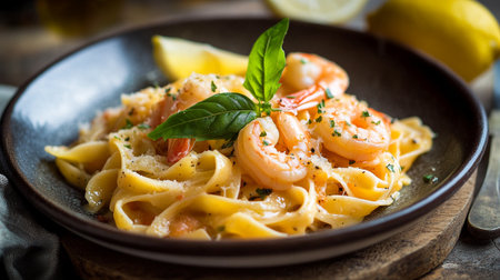 Pasta with shrimps and parmesan on wooden backgroundの写真素材