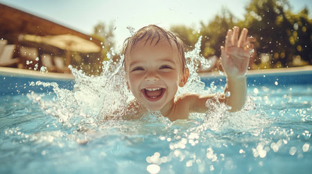 Cute little boy splashing in swimming pool. Happy child having fun outdoors.