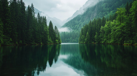 Mountain lake in the mist with trees reflected on the water surfaceの写真素材