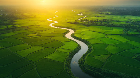 Aerial view of green rice field with river in sunset time.