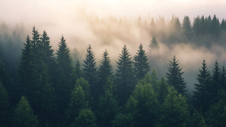 Foggy morning in the coniferous forest. Beautiful landscape.の写真素材