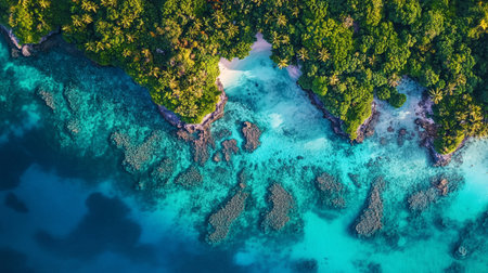 Aerial view of beautiful coral reef with turquoise water at Seychellesの写真素材