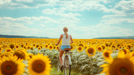 Young woman riding a bicycle on a field of sunflowers.の写真素材