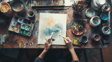 Top view of female artist painting picture on canvas with watercolor paints on wooden tableの写真素材