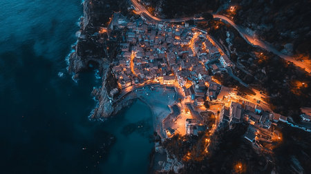 Aerial view of a coastal town at night, Italyの写真素材