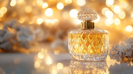 Bottle of perfume on blurred background with bokeh effect, closeupの写真素材
