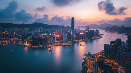 Aerial view of Hong Kong skyline at sunset. Hong Kong is the most densely populated of the five...