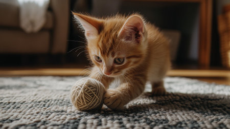 Cute ginger kitten playing with ball of yarn on carpet at homeの写真素材