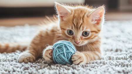 Cute ginger kitten playing with ball of yarn on carpet at home