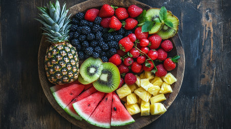 Fresh fruits on wooden plate, healthy eating and dieting concept.
