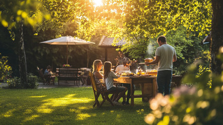 Group of friends having dinner in a garden on a summer evening.